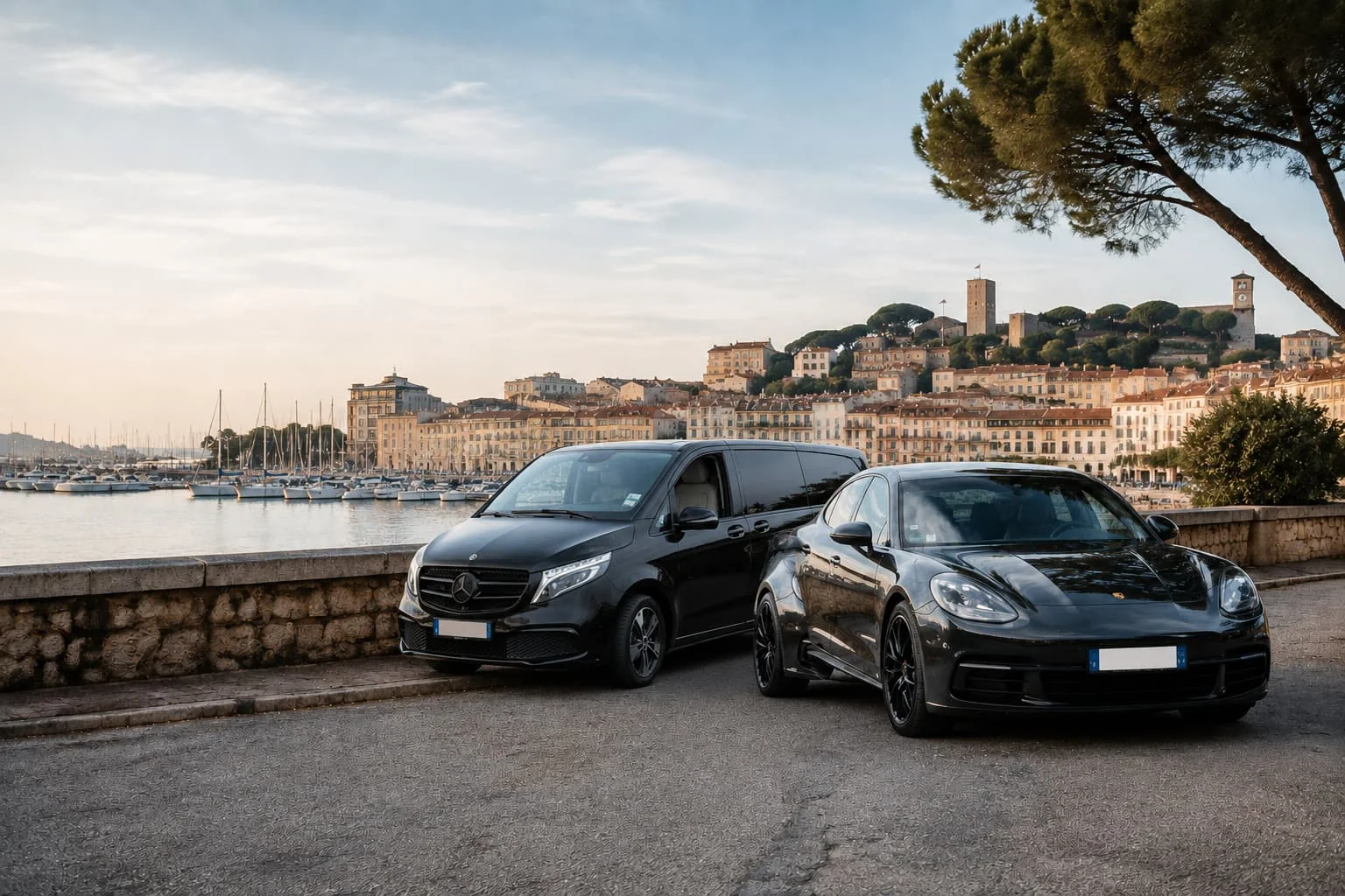 Un van Mercedes et une berline Porsche stationnés face à un port et à la vieille ville.